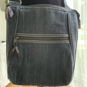 Thirty-one Crossbody Denim Purse w/ Brown Trim & Striped Brown & White Inside
